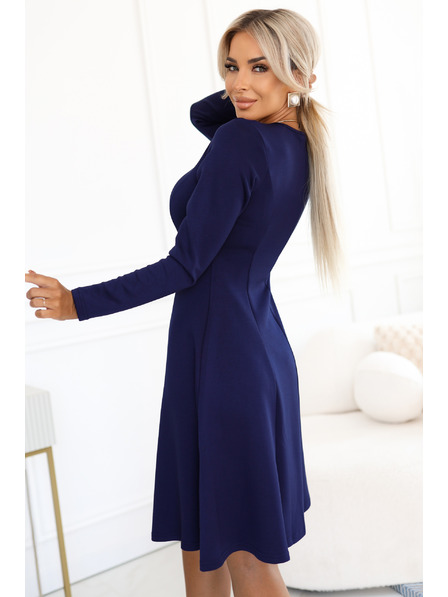 numoco Pohodlné trapézové šaty s dlouhým rukávem - tmavě modré
