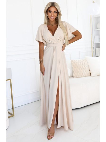 numoco JENNIFER dlouhé šaty s rozparkem na nohavici, rukávy a výstřihem - béžové