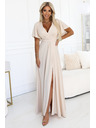 numoco JENNIFER dlouhé šaty s rozparkem na nohavici, rukávy a výstřihem - béžové