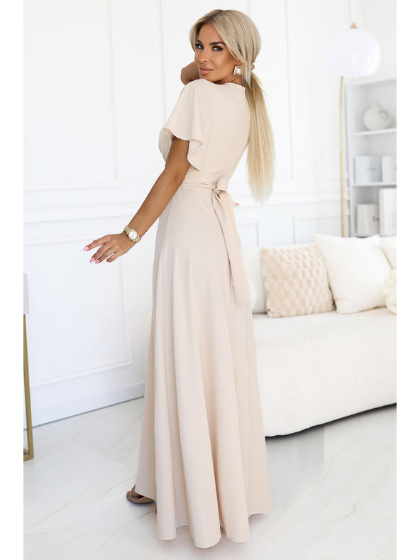 numoco JENNIFER dlouhé šaty s rozparkem na nohavici, rukávy a výstřihem - béžové