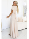 numoco JENNIFER dlouhé šaty s rozparkem na nohavici, rukávy a výstřihem - béžové