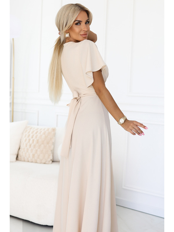 numoco JENNIFER dlouhé šaty s rozparkem na nohavici, rukávy a výstřihem - béžové
