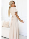 numoco JENNIFER dlouhé šaty s rozparkem na nohavici, rukávy a výstřihem - béžové