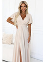 numoco JENNIFER dlouhé šaty s rozparkem na nohavici, rukávy a výstřihem - béžové