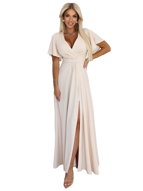 numoco JENNIFER dlouhé šaty s rozparkem na nohavici, rukávy a výstřihem - béžové