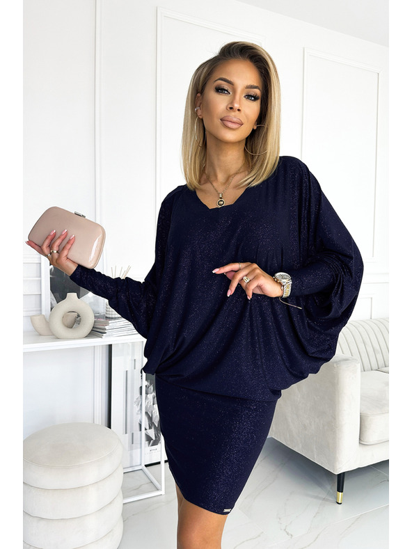 numoco Netopýří šaty s výstřihem - tmavě modrá se třpytkami