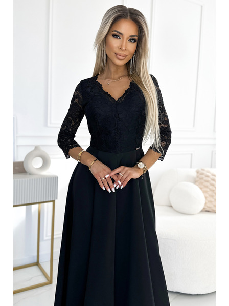 numoco AMBER krajkové, elegantní dlouhé šaty s výstřihem a rozparkem u nohavic - černé