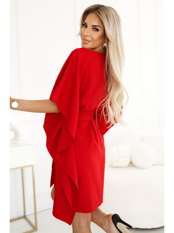 numoco SOFIA Motýlí šaty s kravatou v pase - červené