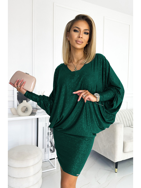 numoco Netopýří šaty s výstřihem - zelená se třpytkami