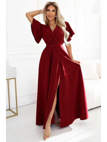 numoco JENNIFER dlouhé šaty s rozparkem na nohavicích, rukávem a výstřihem - vínová barva