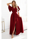 numoco JENNIFER dlouhé šaty s rozparkem na nohavicích, rukávem a výstřihem - vínová barva