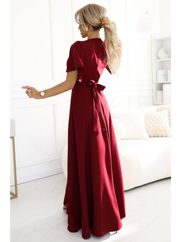 numoco JENNIFER dlouhé šaty s rozparkem na nohavicích, rukávem a výstřihem - vínová barva