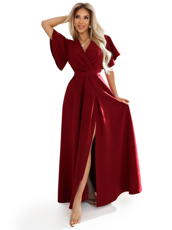 numoco JENNIFER dlouhé šaty s rozparkem na nohavicích, rukávem a výstřihem - vínová barva
