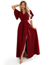 numoco JENNIFER dlouhé šaty s rozparkem na nohavicích, rukávem a výstřihem - vínová barva