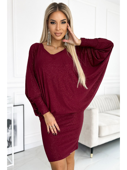 numoco Netopýří šaty s výstřihem - vínová barva se třpytkami