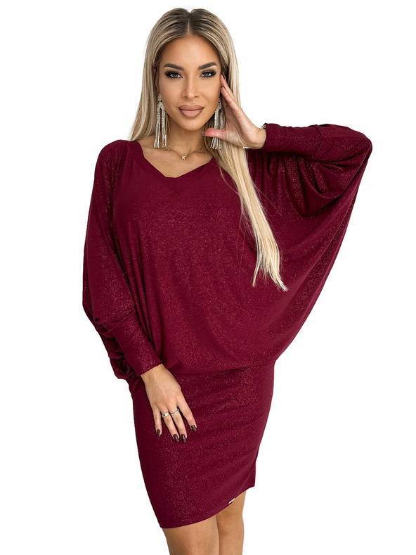 numoco Netopýří šaty s výstřihem - vínová barva se třpytkami