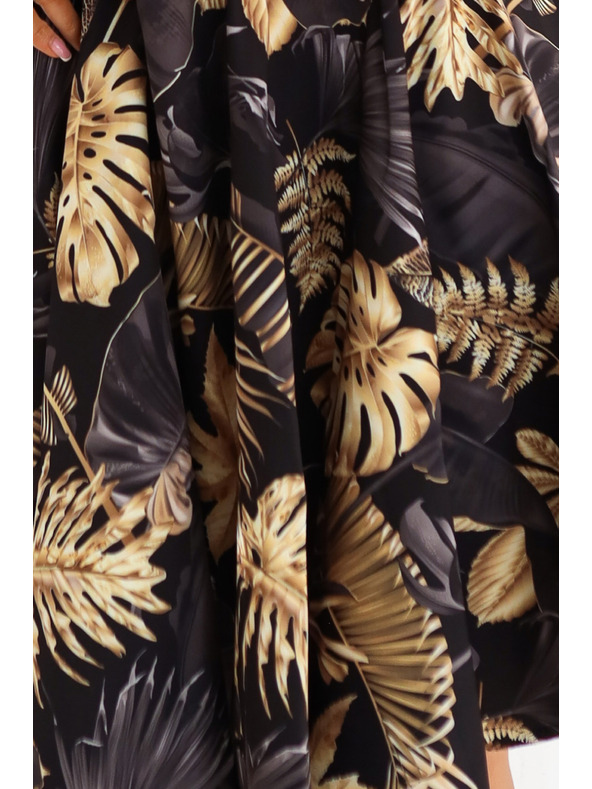 numoco Černé midi šaty s elegantním vrškem a rozšířeným spodním dílem - zlaté listy