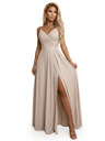 numoco CHIARA Maxi šaty s ramínky, zavinovacím výstřihem a rozparkem na nohavici - šampaňsky béžové s třpytkami