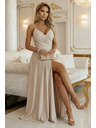 numoco CHIARA Maxi šaty s ramínky, zavinovacím výstřihem a rozparkem na nohavici - šampaňsky béžové s třpytkami