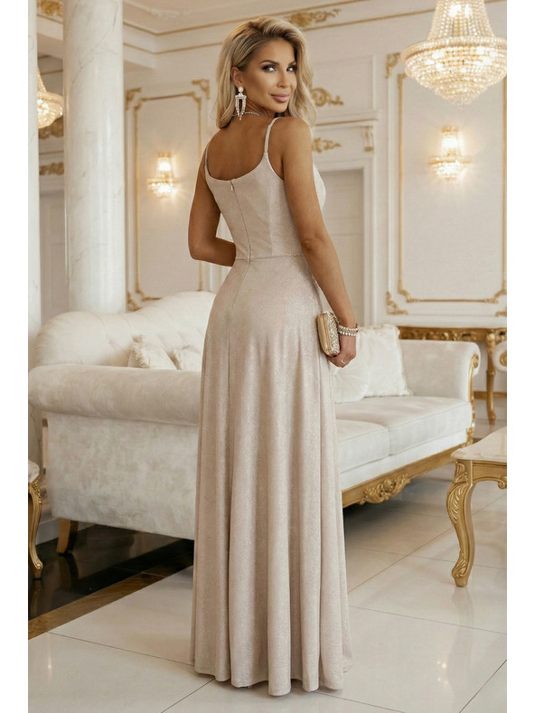 numoco CHIARA Maxi šaty s ramínky, zavinovacím výstřihem a rozparkem na nohavici - šampaňsky béžové s třpytkami