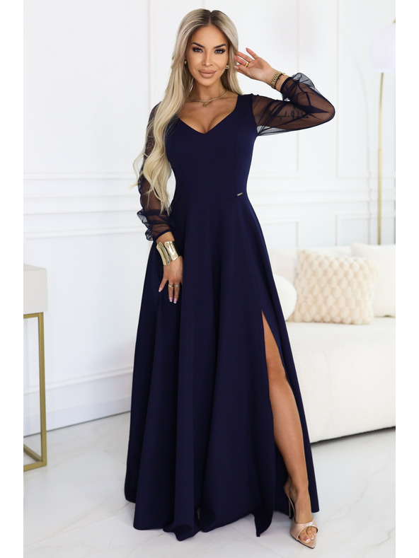 numoco LORETTA jedinečné dlouhé šaty s tylovými rukávy a výstřihem - tmavě modrá