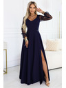 numoco LORETTA jedinečné dlouhé šaty s tylovými rukávy a výstřihem - tmavě modrá