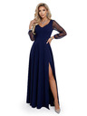 numoco LORETTA jedinečné dlouhé šaty s tylovými rukávy a výstřihem - tmavě modrá