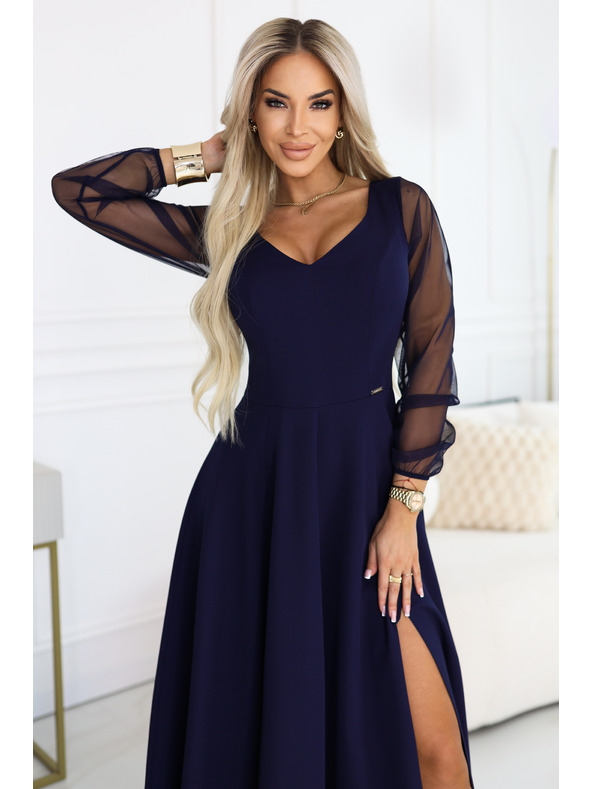 numoco LORETTA jedinečné dlouhé šaty s tylovými rukávy a výstřihem - tmavě modrá