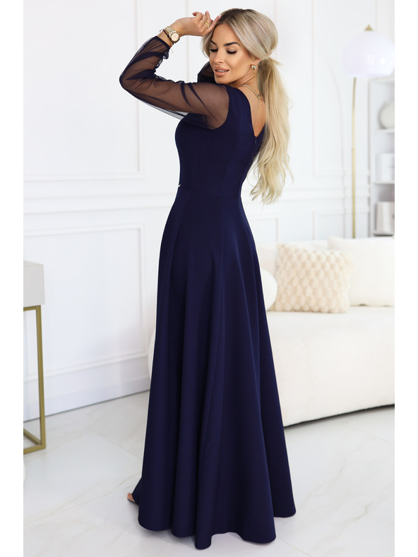 numoco LORETTA jedinečné dlouhé šaty s tylovými rukávy a výstřihem - tmavě modrá