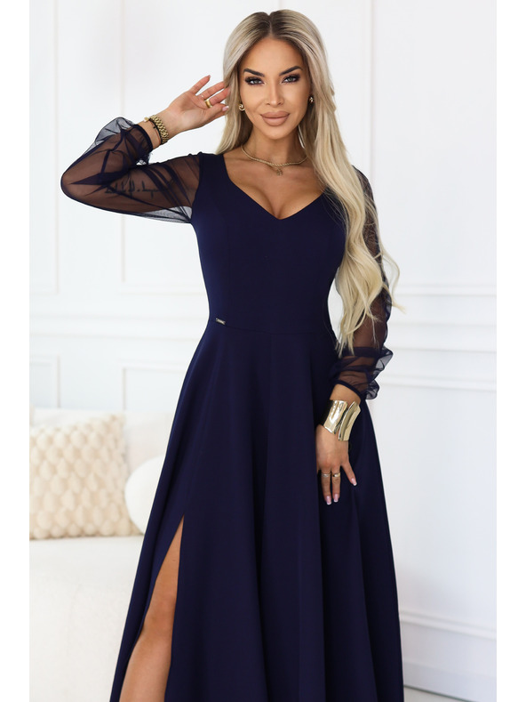 numoco LORETTA jedinečné dlouhé šaty s tylovými rukávy a výstřihem - tmavě modrá
