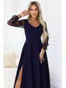 numoco LORETTA jedinečné dlouhé šaty s tylovými rukávy a výstřihem - tmavě modrá