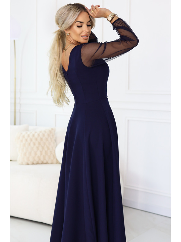 numoco LORETTA jedinečné dlouhé šaty s tylovými rukávy a výstřihem - tmavě modrá