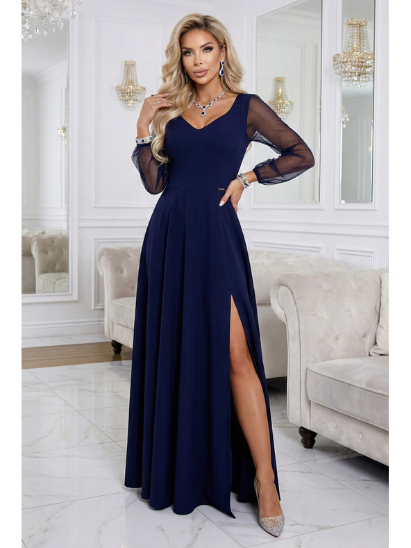 numoco LORETTA jedinečné dlouhé šaty s tylovými rukávy a výstřihem - tmavě modrá
