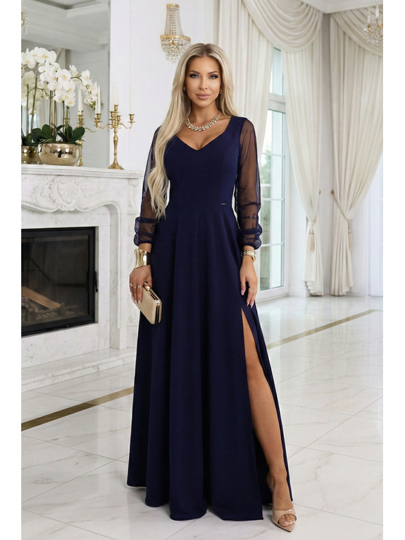 numoco LORETTA jedinečné dlouhé šaty s tylovými rukávy a výstřihem - tmavě modrá
