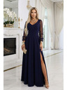 numoco LORETTA jedinečné dlouhé šaty s tylovými rukávy a výstřihem - tmavě modrá