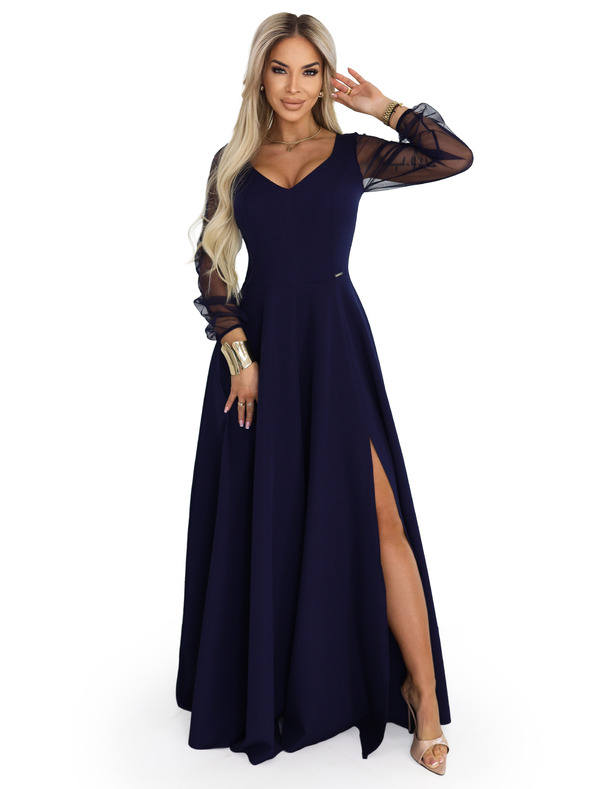 numoco LORETTA jedinečné dlouhé šaty s tylovými rukávy a výstřihem - tmavě modrá