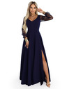 numoco LORETTA jedinečné dlouhé šaty s tylovými rukávy a výstřihem - tmavě modrá