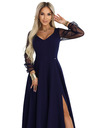 numoco LORETTA jedinečné dlouhé šaty s tylovými rukávy a výstřihem - tmavě modrá