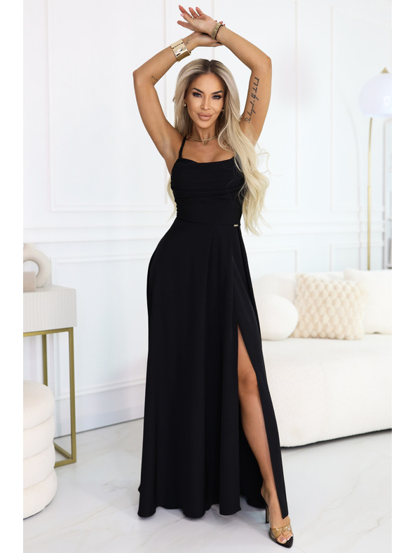 numoco Maxi šaty s ramínky, korzetem na zádech a rozparkem - černé