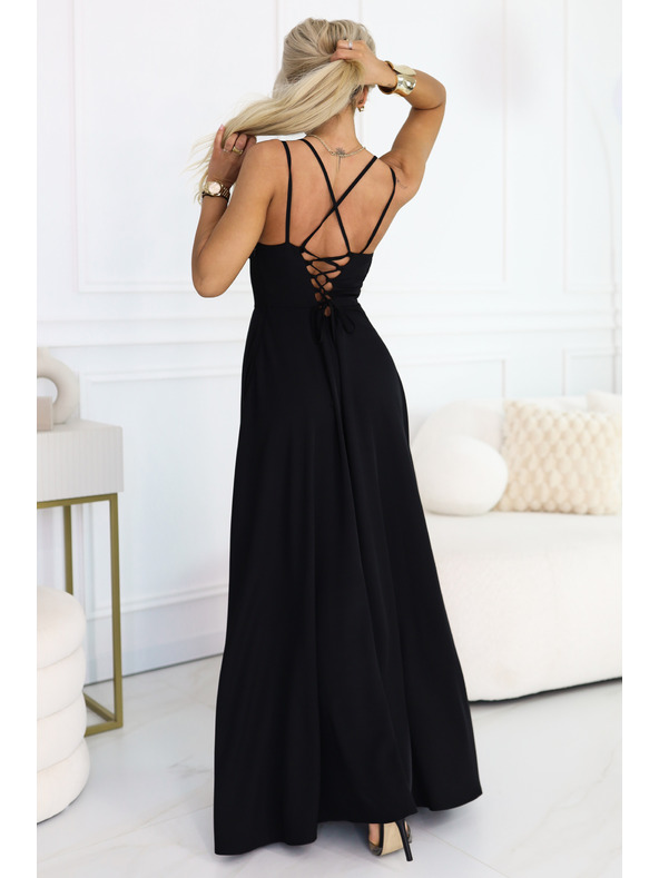 numoco Maxi šaty s ramínky, korzetem na zádech a rozparkem - černé