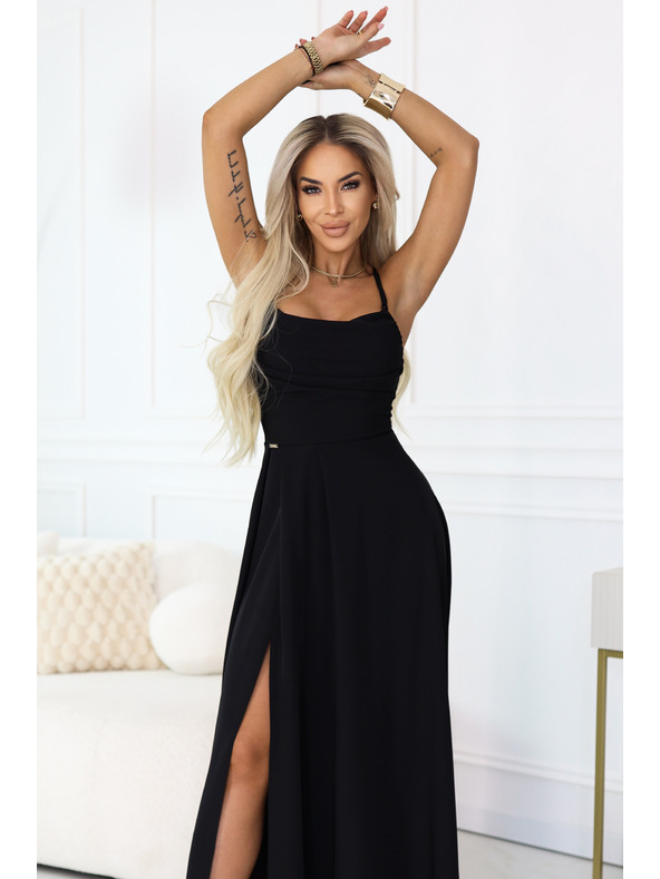 numoco Maxi šaty s ramínky, korzetem na zádech a rozparkem - černé