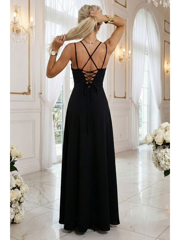 numoco Maxi šaty s ramínky, korzetem na zádech a rozparkem - černé