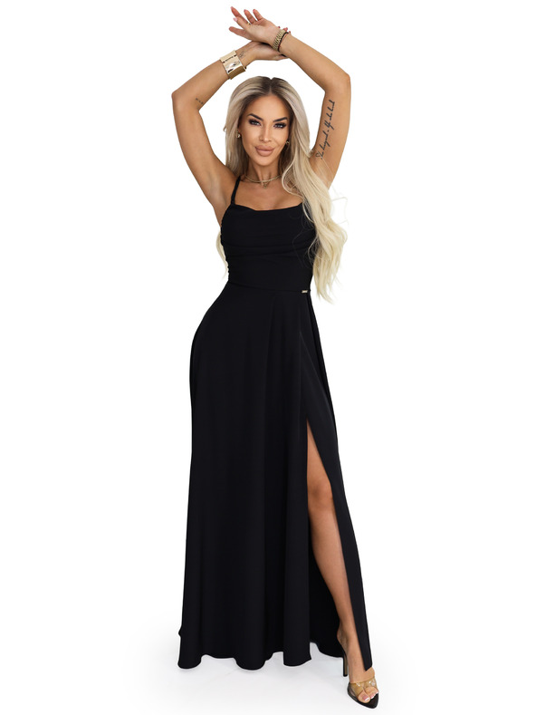 numoco Maxi šaty s ramínky, korzetem na zádech a rozparkem - černé