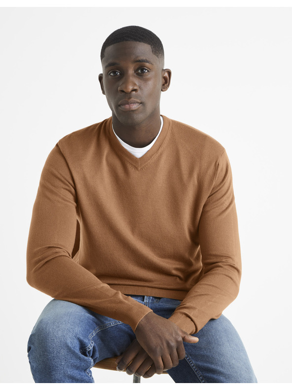 Celio Hnědý pánský svetr Celio Befirstv