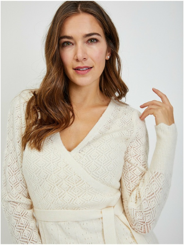 Orsay Krémové dámské děrované svetrové šaty se zavazováním ORSAY
