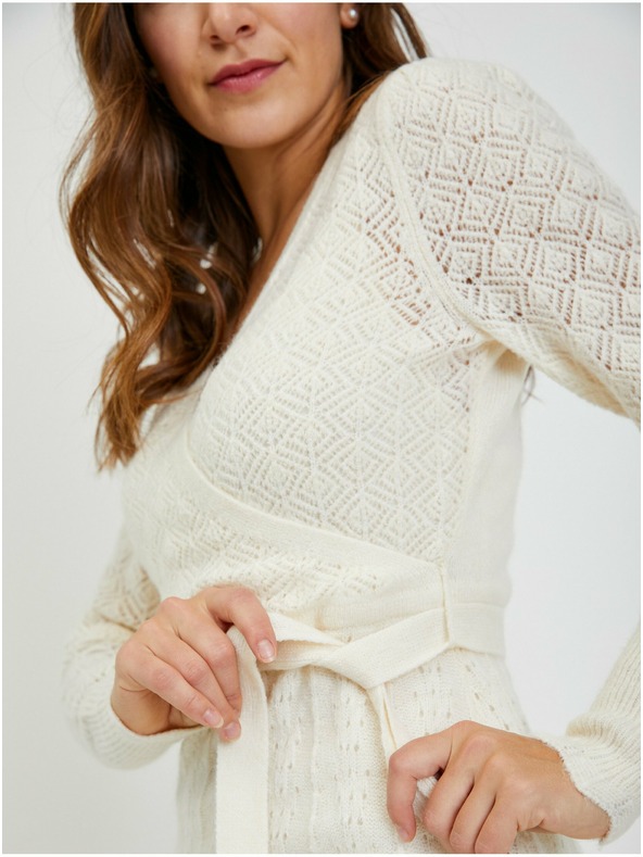 Orsay Krémové dámské děrované svetrové šaty se zavazováním ORSAY