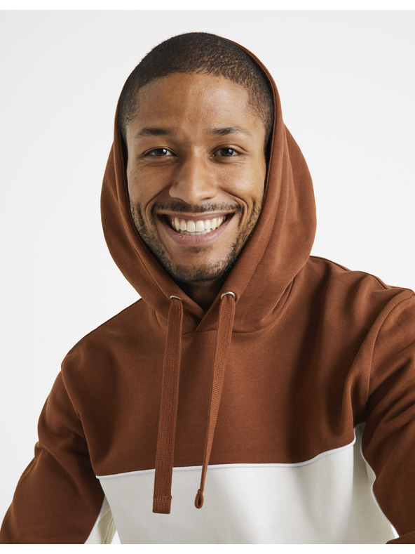 Celio Hnědo-bílá pánská bavlněná mikina s kapucí Celio Debiding