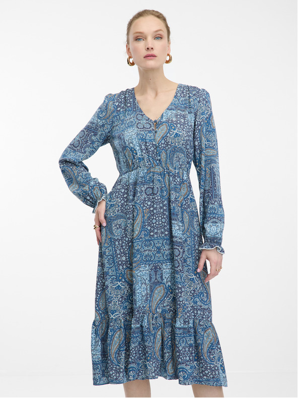 Orsay Modré dámské vzorované  midišaty ORSAY