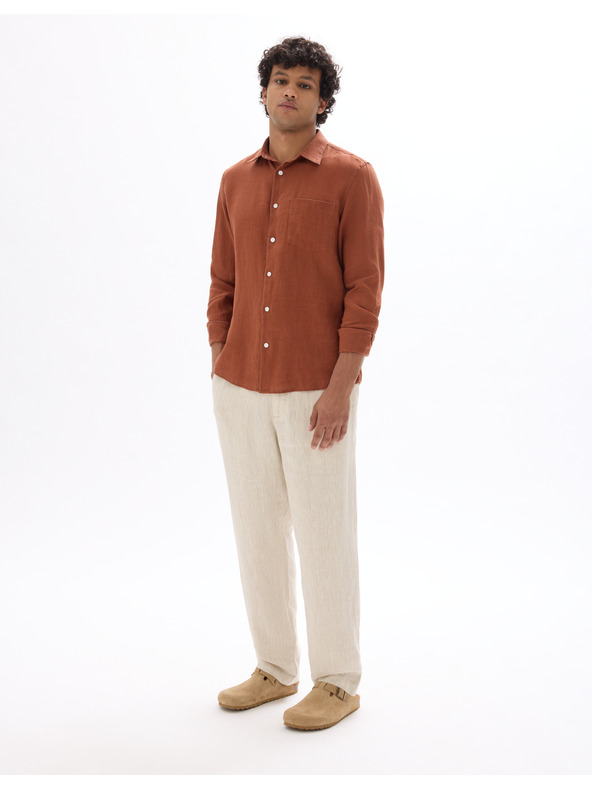 Celio Béžové pánské lněné kalhoty Celio Dolinus