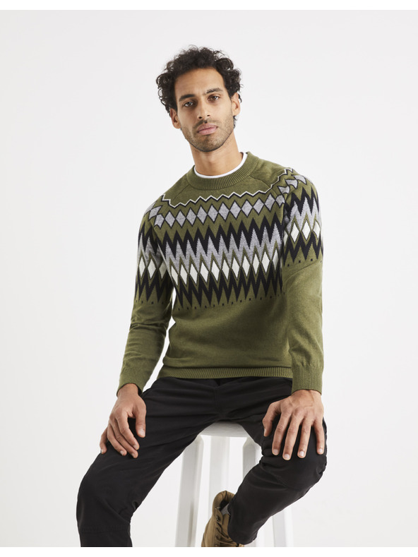 Celio Khaki pánský vzorovaný svetr Celio Veryfair